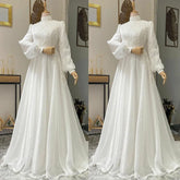 Robe De Mariée Ivory Long Sleeves Muslim Wedding Gowns A-line Applique Tulle High Neck Lace Bridal Dress For Elegant woman